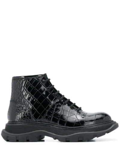 Shop Alexander Mcqueen Crocodile Effect Hybrid Boots In Black