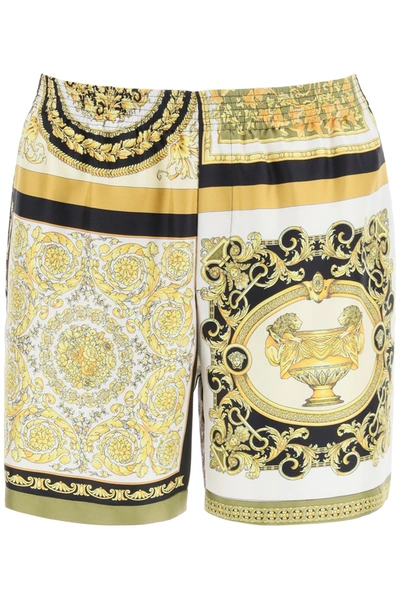 Shop Versace Barocco Mosaic Print Silk Bermudas In Oro Marrone Bianco