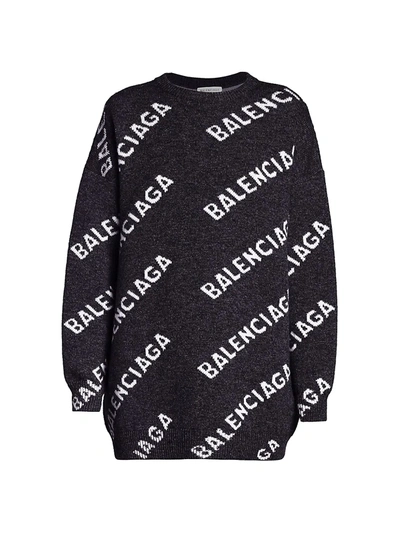 Shop Balenciaga Logo Intarsia Wool-blend Knit Crewneck Sweater In Navy White