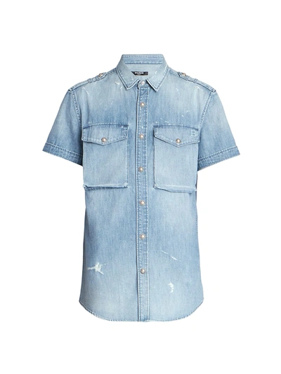 Shop Balmain Men's Short-sleeve Denim Shirt In Blue
