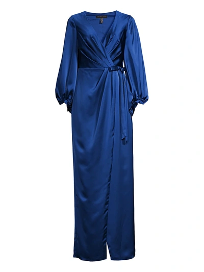 Shop Aidan Mattox Satin Wrap Gown In Deep Ocean