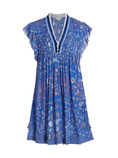 Shop Poupette St Barth Sasha Lace-trimmed Mini Dress In Blue Foulard
