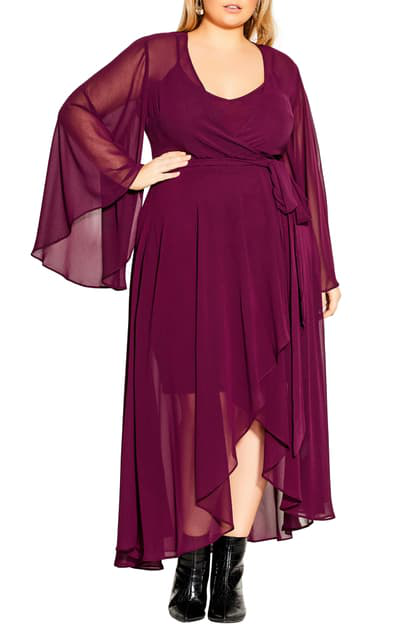 City Chic Fleetwood Long Sleeve Wrap Maxi Dress In Spiced Plum | ModeSens
