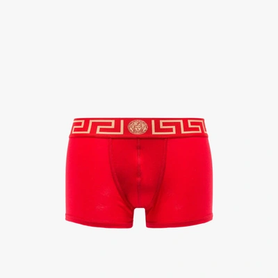 Versace Greca Border Long Boxer Trunks In Red