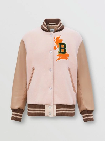 Shop Burberry Varsity Graphic Wool And Leather Bomber Jacket In Rose Pink