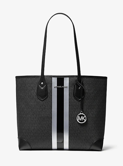 Michael Kors Eva Large Logo Metallic Stripe Tote Bag In Silver