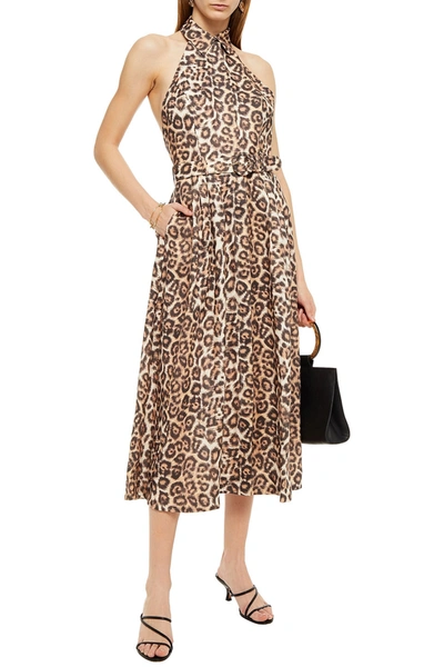 Shop Zimmermann Bonita Belted Leopard-print Linen Halterneck Midi Dress In Animal Print