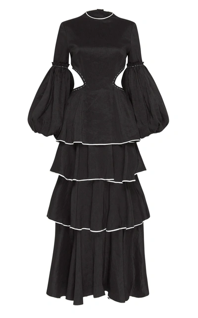 Shop Aje Gracious Cutout Linen-blend Dress In Black