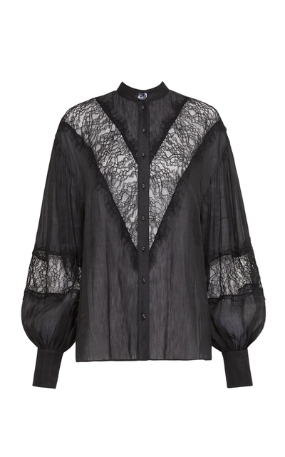 Shop Aje Women's Veil Lace-trimmed Linen-blend Blouse In Black