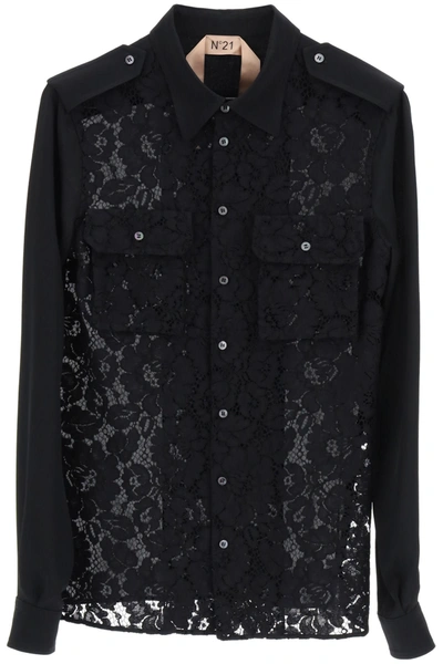 Shop N°21 Shirt With Lace Insert In Black (black)