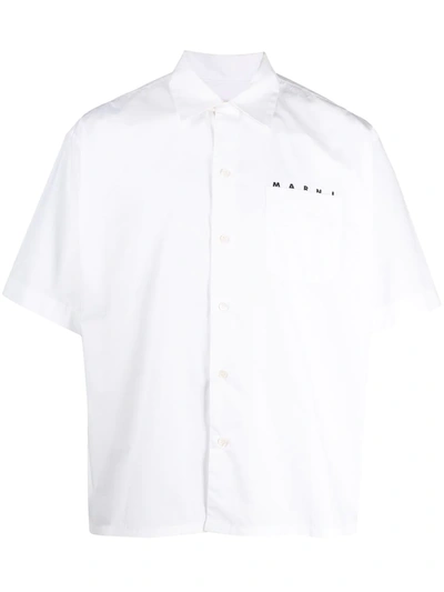 Shop Marni Cuban Collar Logo Shirt In White
