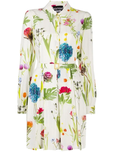Shop Boutique Moschino Long-sleeve Photographic-floral Shirt Dress In Neutrals