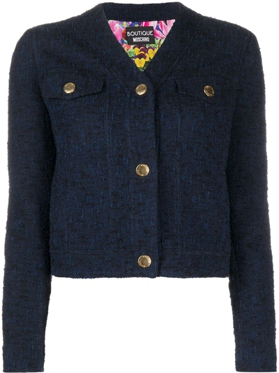 Shop Boutique Moschino Tweed V-neck Jacket In Blue