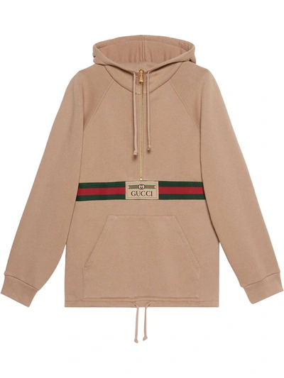 Shop Gucci Web-stripe Cotton Hoodie In Brown