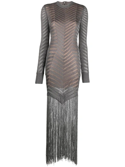 Shop Herve Leger Fringed Knitted Cocktail Dress In Grey