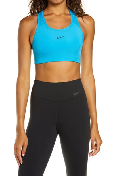 Shop Nike Swoosh Dri-fit Racerback Sports Bra In Laser Blue/ Black
