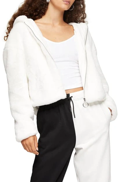 Shop Topshop Faux Fur Crop Zip Hoodie In Cream