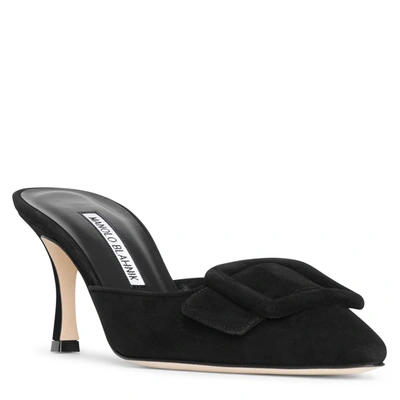 Shop Manolo Blahnik Maysale 70 Black Suede Mules