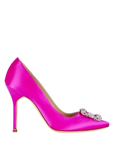 Shop Manolo Blahnik Hangisi Crystal Satin Pumps In Pink-drk