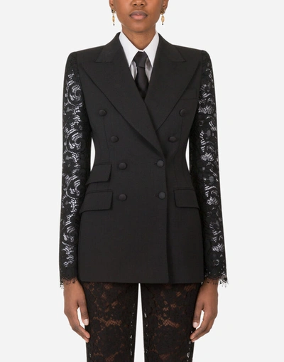 Shop Dolce & Gabbana Double-breasted Woolen Blazer With Lace Sleeves In Black
