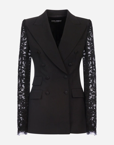 Shop Dolce & Gabbana Double-breasted Woolen Blazer With Lace Sleeves In Black