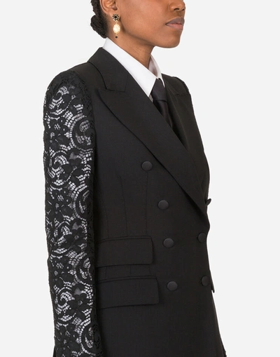 Shop Dolce & Gabbana Double-breasted Woolen Blazer With Lace Sleeves In Black