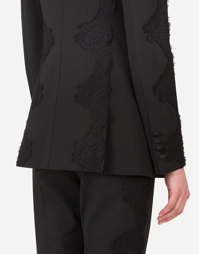 Shop Dolce & Gabbana Single-breasted Woolen Blazer With Lace Details In Black