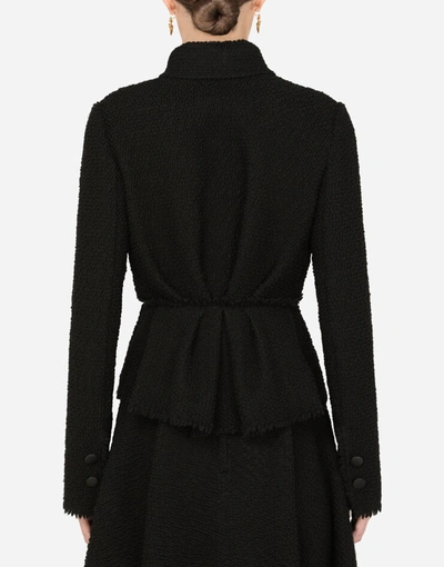 Shop Dolce & Gabbana Short Double-breasted Bouclé Jacket With Pussy-bow Neck In Black