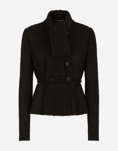 Shop Dolce & Gabbana Short Double-breasted Bouclé Jacket With Pussy-bow Neck In Black