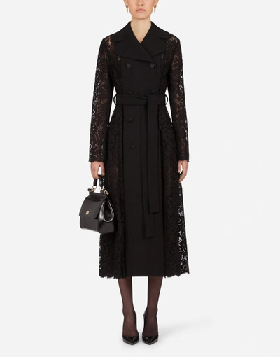 Shop Dolce & Gabbana Belted Double-breasted Crepe And Lace Coat In Black