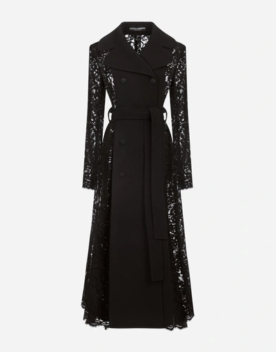 Shop Dolce & Gabbana Belted Double-breasted Crepe And Lace Coat In Black