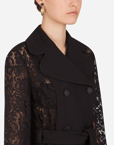 Shop Dolce & Gabbana Belted Double-breasted Crepe And Lace Coat In Black