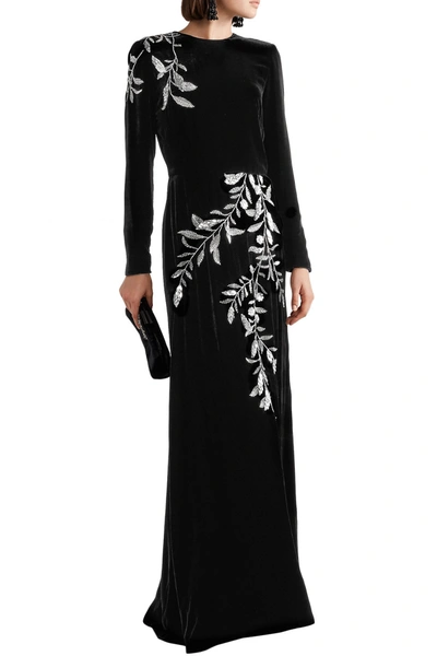 Shop Oscar De La Renta Crystal-embellished Velvet Gown In Black