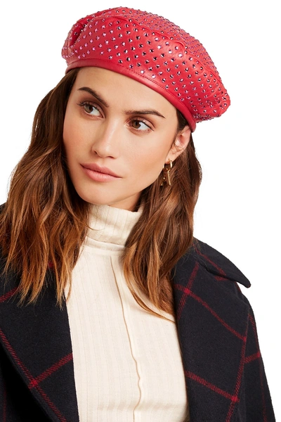 Shop Eugenia Kim Cher Crystal-embellished Leather Beret In Red