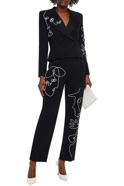 Shop Moschino Embroidered Crepe Straight-leg Pants In Black