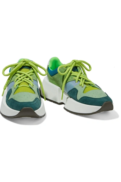 Shop Mm6 Maison Margiela Color-block Suede And Mesh Exaggerated-sole Sneakers In Green