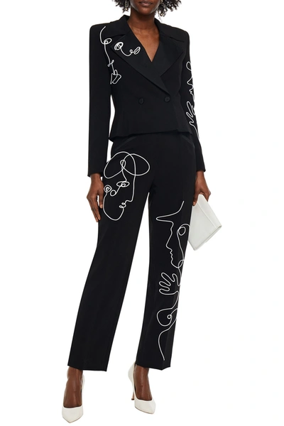 Shop Moschino Double-breasted Embroidered Crepe Blazer In Black