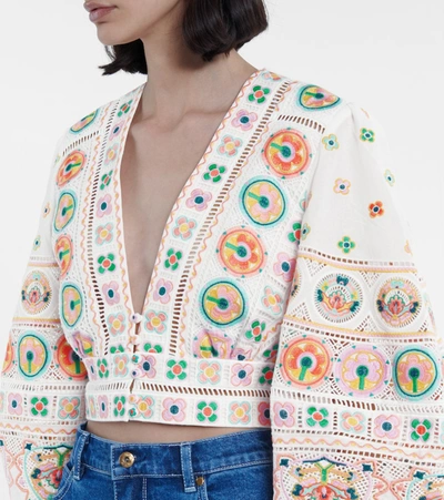 Shop Zimmermann Brighton Embroidered Cotton Crop Top In Multicoloured