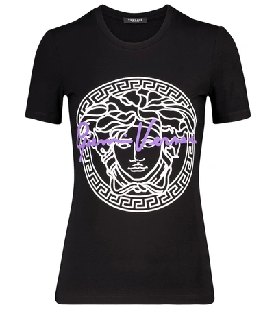 Shop Versace Logo Cotton T-shirt In Black