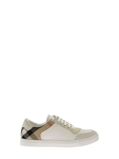 Shop Burberry New Reeth - Leather, Suede And House Check Sneakers In Optic White