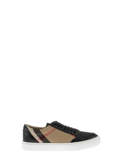 Shop Burberry New Salmond - House Check And Leather Sneakers In Black