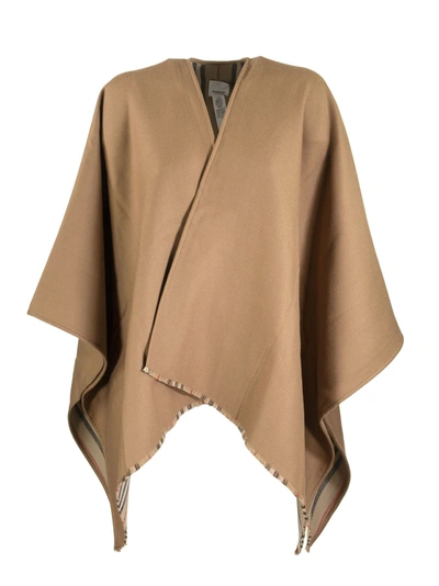 Shop Burberry Icon Stripe Detail Wool Cape In Flaxseed