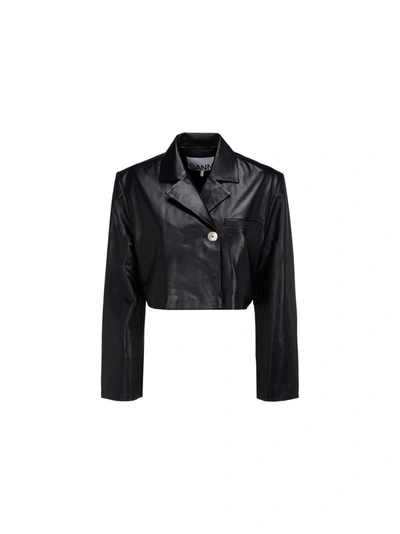 Shop Ganni Leather Jacket In Black
