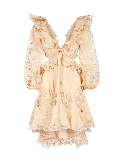 Shop Zimmermann Brighton Lace Cotton Mini Dress In Taupe