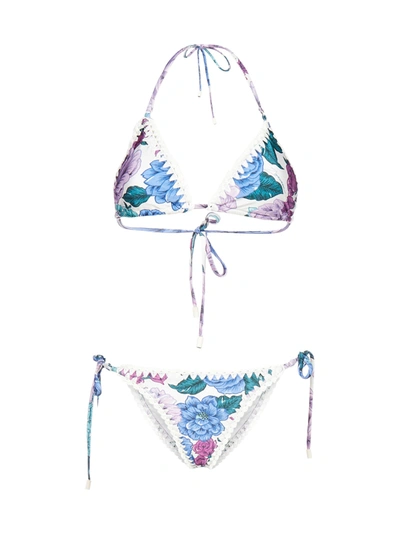 Shop Zimmermann Poppy Crochet Floral Print Bikini In Lilac Floral