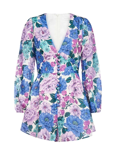 Shop Zimmermann Poppy Plunge Floral Print Linen Playsuit In Lilac Floral