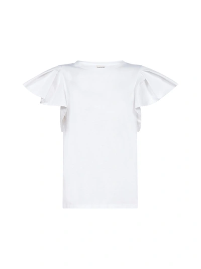 Shop Alexander Mcqueen Ruffled Sleeves Cotton T-shirt In Opticalwhite
