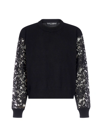 Shop Dolce & Gabbana Lace-sleeves Wool Sweater In Nero