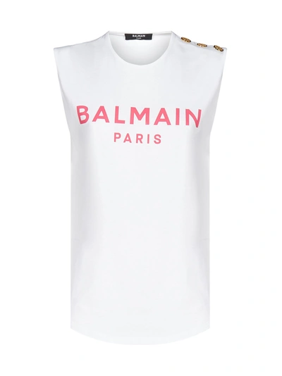 Shop Balmain Logo Cotton Tank Top In Blanc Rose