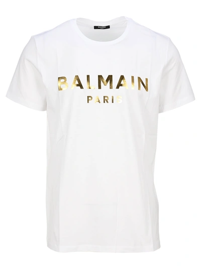 Shop Balmain Metallic Gold Logo T-shirt In White + Gold